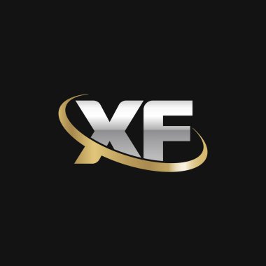 Initial letters XF, swoosh orbit ring logo, silver gold on black background, vector template elements for business, company, creative industry