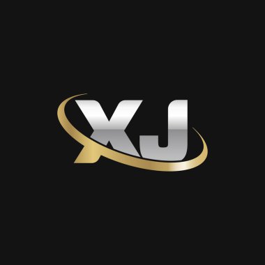 Initial letters XJ, swoosh orbit ring logo, silver gold on black background, vector template elements for business, company, creative industry
