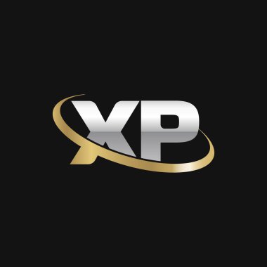 Initial letters XP, swoosh orbit ring logo, silver gold on black background, vector template elements for business, company, creative industry