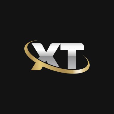 Initial letters XT, swoosh orbit ring logo, silver gold on black background, vector template elements for business, company, creative industry