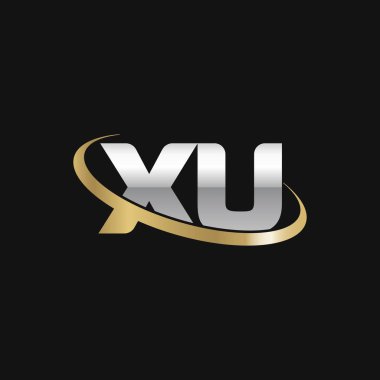 Initial letters XU, swoosh orbit ring logo, silver gold on black background, vector template elements for business, company, creative industry