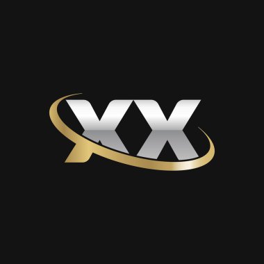 Initial letters XX, swoosh orbit ring logo, silver gold on black background, vector template elements for business, company, creative industry