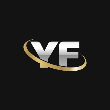 Initial letters YF, swoosh orbit ring logo, silver gold on black background, vector template elements for business, company, creative industry