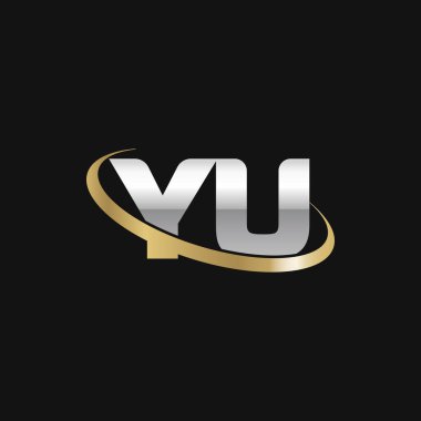 Initial letters YU, swoosh orbit ring logo, silver gold on black background, vector template elements for business, company, creative industry
