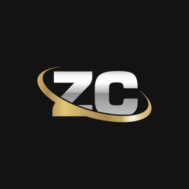 Initial letters ZC, swoosh orbit ring logo, silver gold on black background, vector template elements for business, company, creative industry