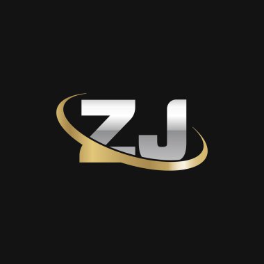 Initial letters ZJ, swoosh orbit ring logo, silver gold on black background, vector template elements for business, company, creative industry