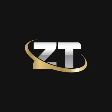 Initial letters ZT, swoosh orbit ring logo, silver gold on black background, vector template elements for business, company, creative industry