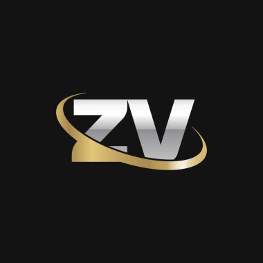 Initial letters ZV, swoosh orbit ring logo, silver gold on black background, vector template elements for business, company, creative industry