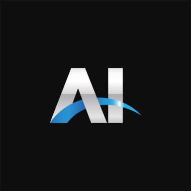 Initial letters logo AI, overlapping linked swoosh capital logo concept, metallic silver blue black background, vector icon logo template elements for business, company, creative industry