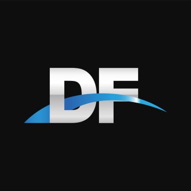 Initial letters logo DF, overlapping linked swoosh capital logo concept, metallic silver blue black background, vector icon logo template elements for business, company, creative industry