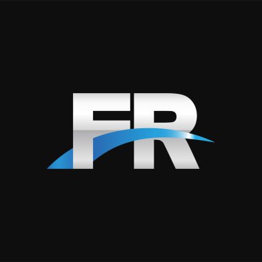 Initial letters logo FR, overlapping linked swoosh capital logo concept, metallic silver blue black background, vector icon logo template elements for business, company, creative industry