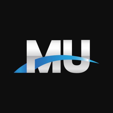 Initial letters logo MU, overlapping linked swoosh capital logo concept, metallic silver blue black background, vector icon logo template elements for business, company, creative industry