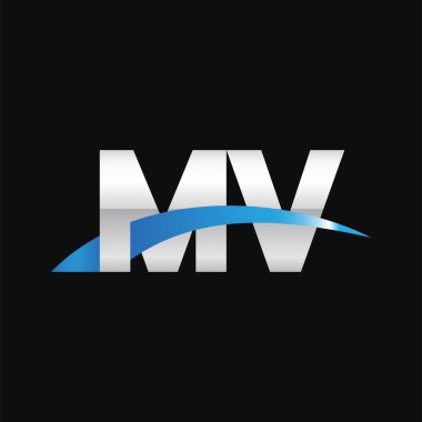 Initial letters logo MV, overlapping linked swoosh capital logo concept, metallic silver blue black background, vector icon logo template elements for business, company, creative industry
