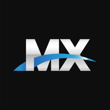 Initial letters logo MX, overlapping linked swoosh capital logo concept, metallic silver blue black background, vector icon logo template elements for business, company, creative industry