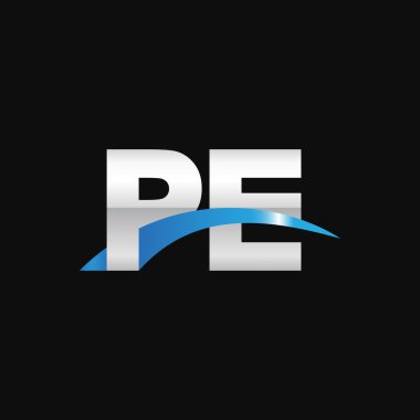 Initial letters logo PE, overlapping linked swoosh capital logo concept, metallic silver blue black background, vector icon logo template elements for business, company, creative industry