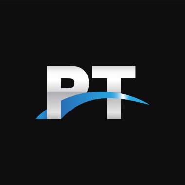 Initial letters logo PT, overlapping linked swoosh capital logo concept, metallic silver blue black background, vector icon logo template elements for business, company, creative industry