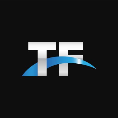 Initial letters logo TF, overlapping linked swoosh capital logo concept, metallic silver blue black background, vector icon logo template elements for business, company, creative industry