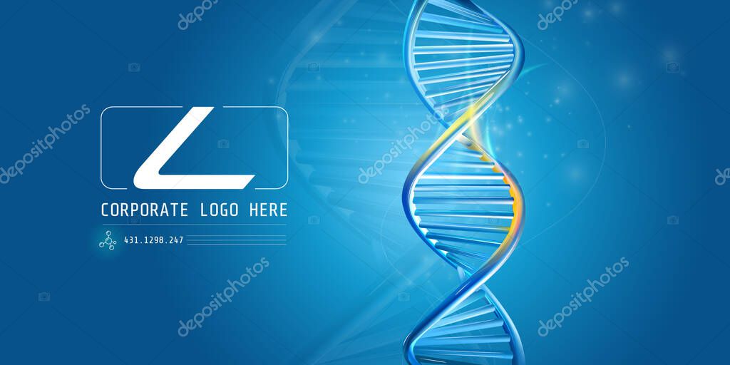 Vertical model of DNA with abstract corporate logo on a blue background. Vector illustration.