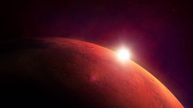 Kızıl gezegen Mars 'a yakın çekim ve güneş parlıyor.