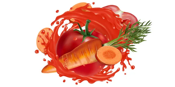 Cenouras e tomates em um respingo de suco vegetal. — Fotografia de Stock
