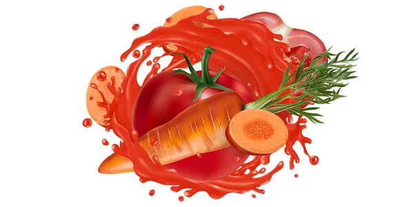 Carottes et tomates dans un jus de légumes éclaboussures. — Photo