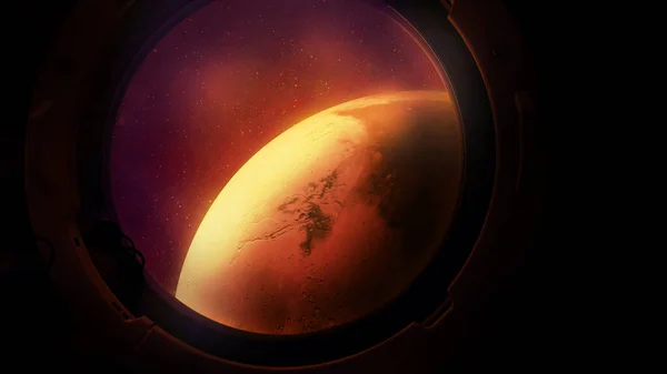 Planeet Mars vanuit de patrijspoort van een ruimteschip. — Stockfoto