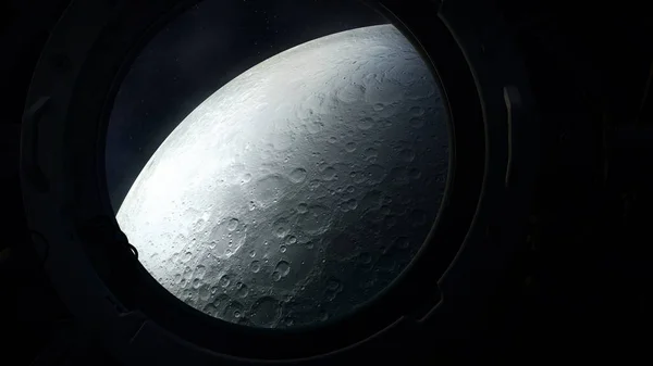 The gray surface of the moon from the porthole of a spacecraft. — 스톡 사진