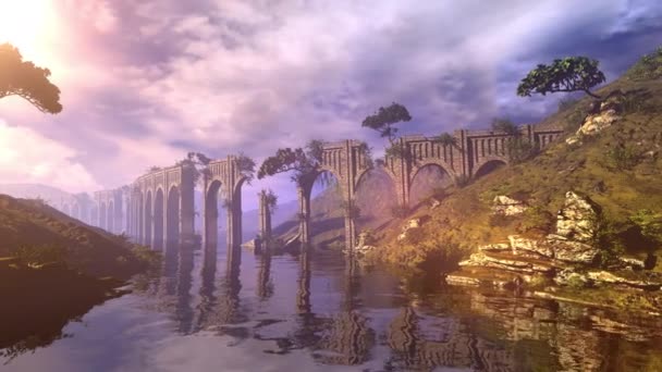 Fantástica paisagem colorida com aqueduto e rio. — Vídeo de Stock
