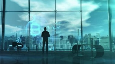 Bitcoin önünde bir tüccarın silueti verilerden alıntılar yapar, 3D görüntüler.