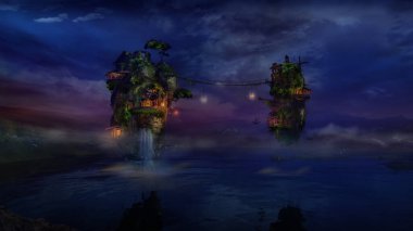 Magical flying islands over the night lake, 3D render. clipart