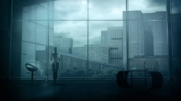 Android vor einem Panoramafenster mit Blick auf städtische Gebäude, 3D-Render. — Stockfoto