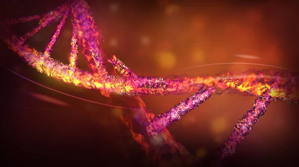 DNA-sträng strukturförstöring närbild, 3D render. — Stockfoto