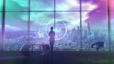 Business lady and holographic data projection, 3D render.