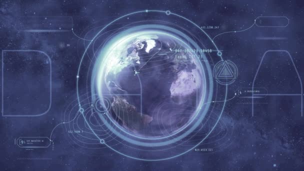 Planeta Tierra rodeado de infografías abstractas, renderizado 3D. — Vídeos de Stock