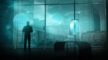 İş adamı ve holografik veri projeksiyonu, 3 boyutlu görüntüleme.