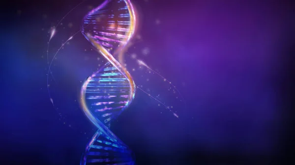 DNA dubbele helix gloeiend op een violet-blauwe achtergrond, 3D render. — Stockfoto