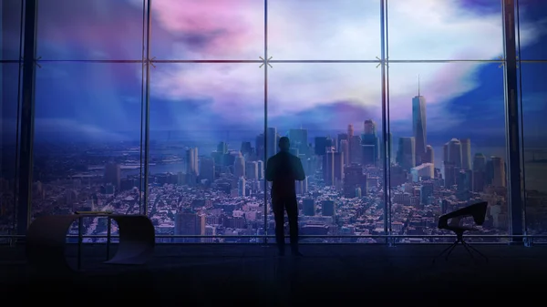 Seorang pengusaha di jendela kantor menghadap pencakar langit kota, render 3D. — Stok Foto
