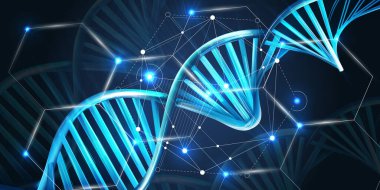 Koyu mavi arka planda parlak DNA iplikleri.