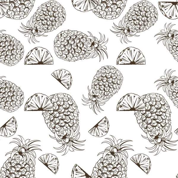 パイナップルとヴィンテージシームレスパターン 黒と白のベクトル背景 — ストックベクタ