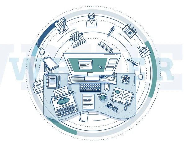 Ilustrace Téma Práce Spisovatelů Textařů Skládá Mnoha Prvků Ikon Ideální — Stockový vektor