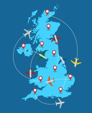 Birleşik Krallık haritası, turizm ve seyahat konsepti üzerinde uçan uçaklar rotaları