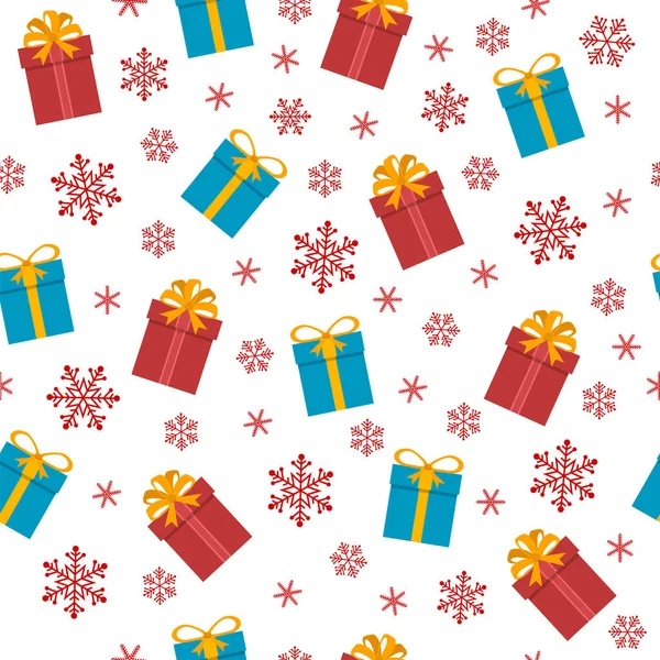 Рождественский Подарок Коробки Красный Снежинки Бесшовный Узор Белом Фоне — стоковый вектор
