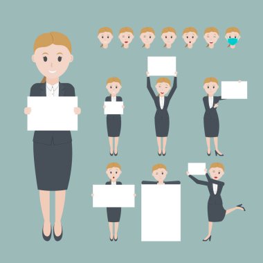 Set Business kadını elinde farklı pozlar ve yüz ifadeleri olan boş bir tahta tutuyor. düz tasarım Çizimleri.