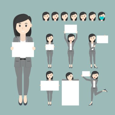 Set Business kadını elinde farklı pozlar ve yüz ifadeleri olan boş bir tahta tutuyor. düz tasarım Çizimleri.