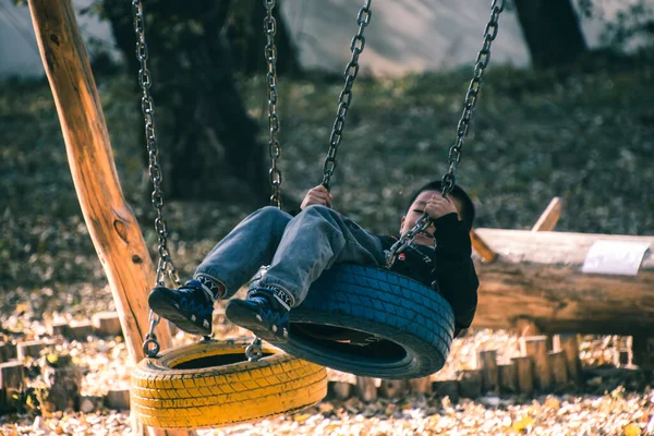 a boy in a park with a swing