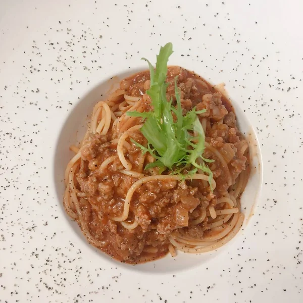 delicious spaghetti with meat and vegetables