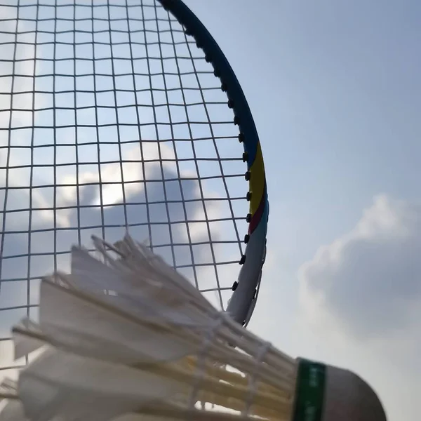 tennis racket and shuttlecock on a white background