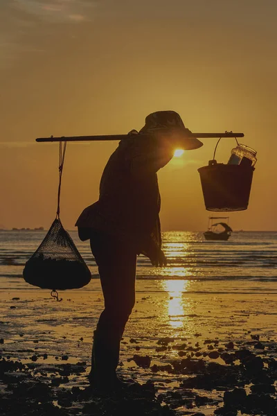 silhouette of a woman with a fishing rod on the beach