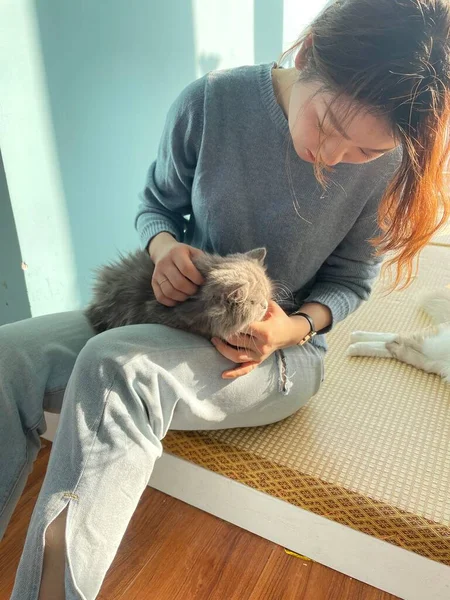 young woman with cat on sofa at home