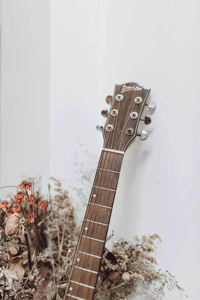 guitar and electric guitars on the background of a wooden table